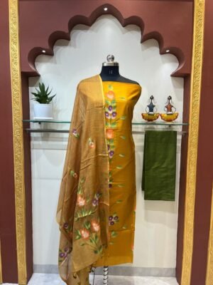 Half cotton Half Silk Unstitched Suit with Brush Paint on Kurta & Dupatta