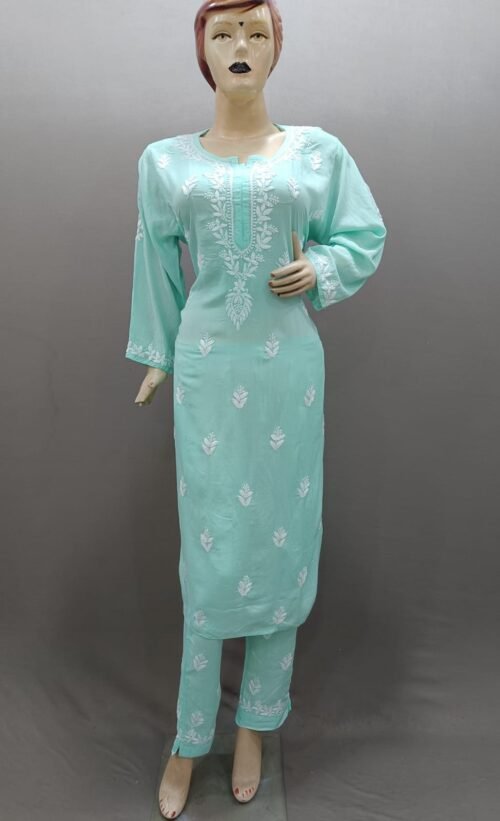 Modal Cotton Chikan Kurti Set Front