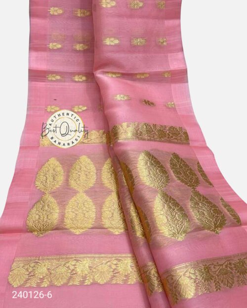 Kora Organza Zari Buta Saree Blush Pink