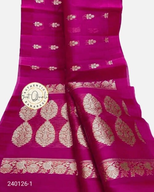 Kora Organza Zari Buta Saree Magenta