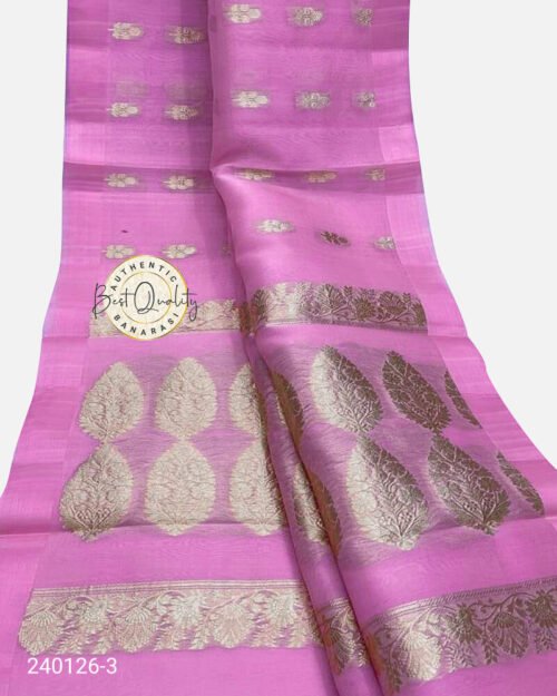 Kora Organza Zari Buta Saree Pink