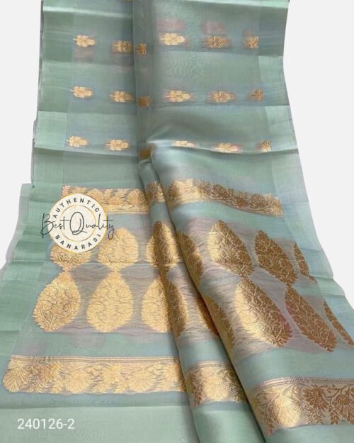 Kora Organza Zari Buta Saree Sea Green