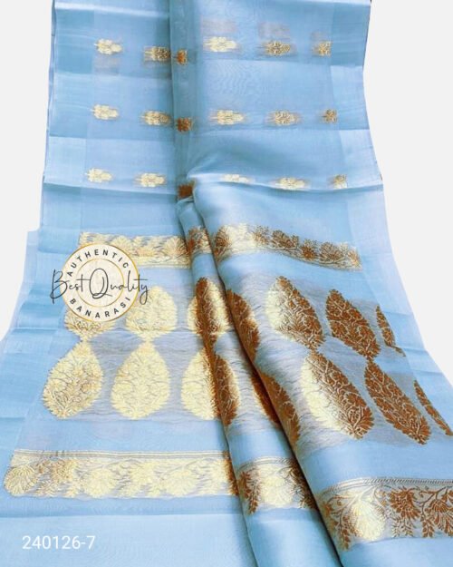 Kora Organza Zari Buta Saree Sky Blue