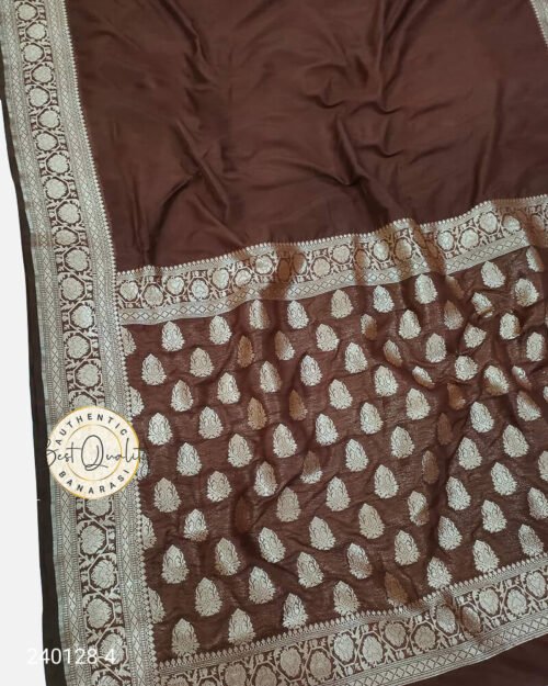 Warm Silk Zari Designer Border Booti Pallu Navy Brown