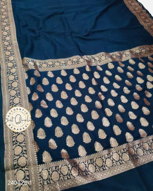 Warm Silk Zari Designer Border Booti Pallu Navy Blue