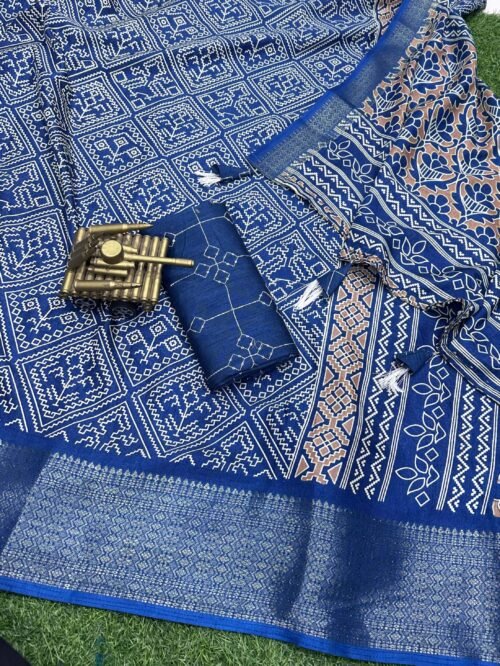 Muslin Cotton Print Saree Blue