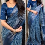 Muslin Cotton Print Saree Blue Photoshoot