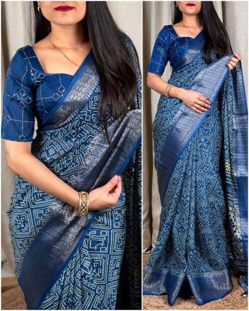 Muslin Cotton Print Saree Blue Photoshoot