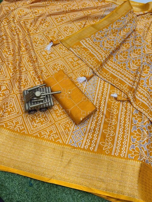 Muslin Cotton Print Saree Yellow