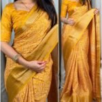 Muslin Cotton Print Saree Yellow Photoshoot