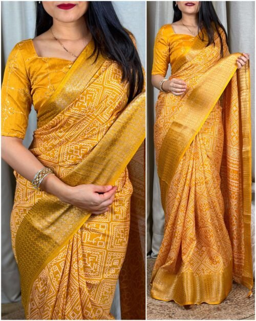 Muslin Cotton Print Saree Yellow Photoshoot