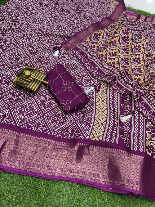 Muslin Cotton Print Saree Purple