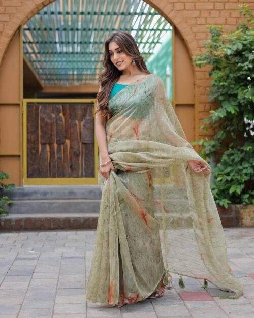 Pure Organza Silk Weaving Saree Olive green