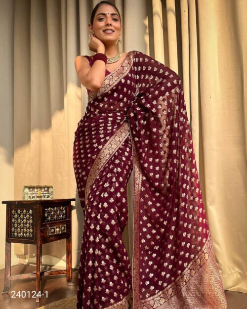 Semi Georgette Saree with All over Zari Buti Maroon