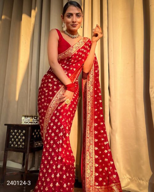 Semi Georgette Saree with All over Zari Buti Red