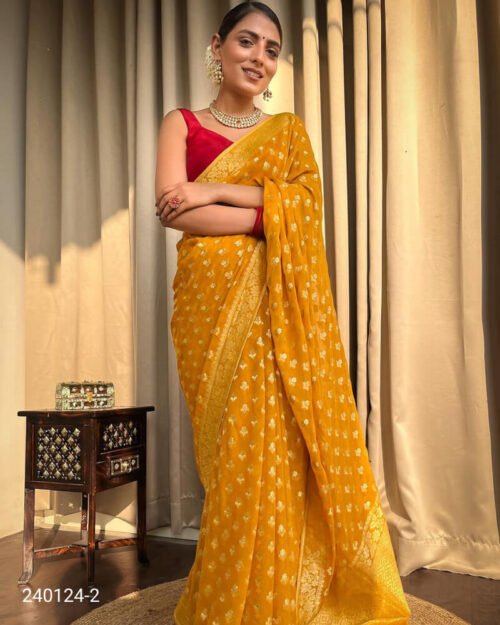 Semi Georgette Saree with All over Zari Buti Yellow