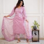 Straight Kurta Set with Sanganeri Block Print Pink1