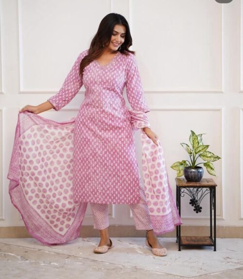 Straight Kurta Set with Sanganeri Block Print Pink1