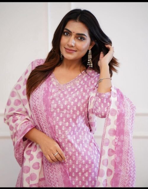 Straight Kurta Set with Sanganeri Block Print Pink2