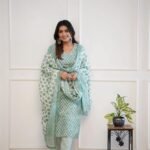 Straight Kurta Set with Sanganeri Block Print Sea Green1