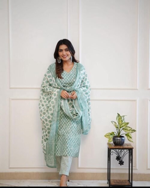 Straight Kurta Set with Sanganeri Block Print Sea Green1