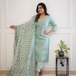 Straight Kurta Set with Sanganeri Block Print Sea Green