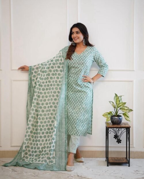 Straight Kurta Set with Sanganeri Block Print Sea Green