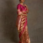 Tissue Silk Plain Saree with Zari Work Copper Pink Border