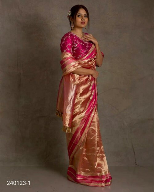 Tissue Silk Plain Saree with Zari Work Copper Pink Border