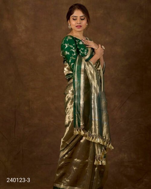 Tissue Silk Plain Saree with Zari Work Green