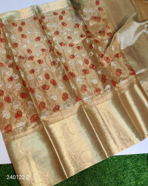 Tissue Silk Saree with Resham Jaal Work Golden Brown