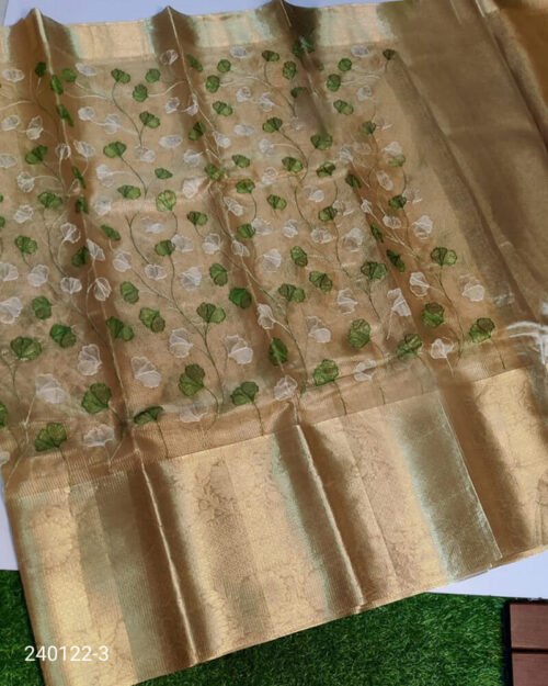 Tissue Silk Saree with Resham Jaal Work Golden Green