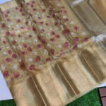 Tissue Silk Saree with Resham Jaal Work Golden Pink