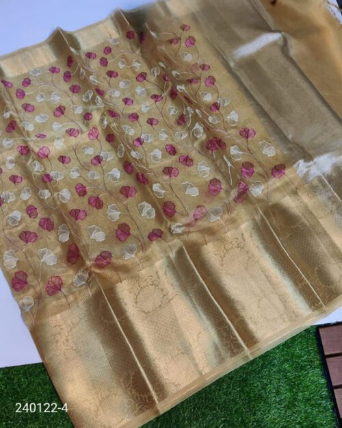 Tissue Silk Saree with Resham Jaal Work Golden Pink