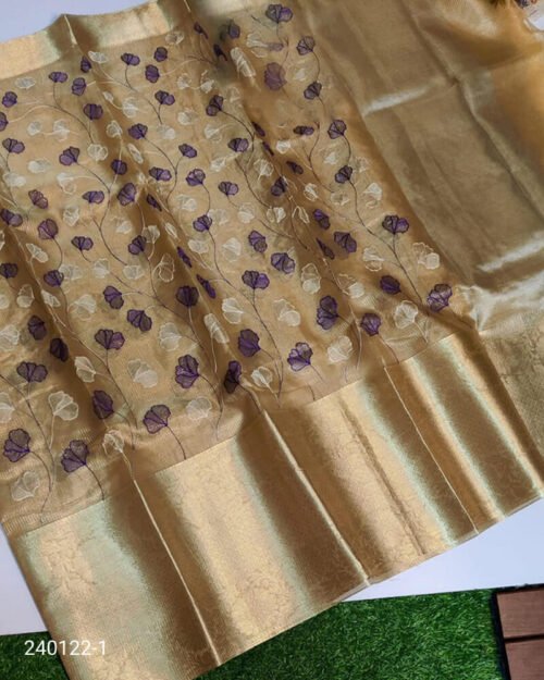 Tissue Silk Saree with Resham Jaal Work Golden Purple