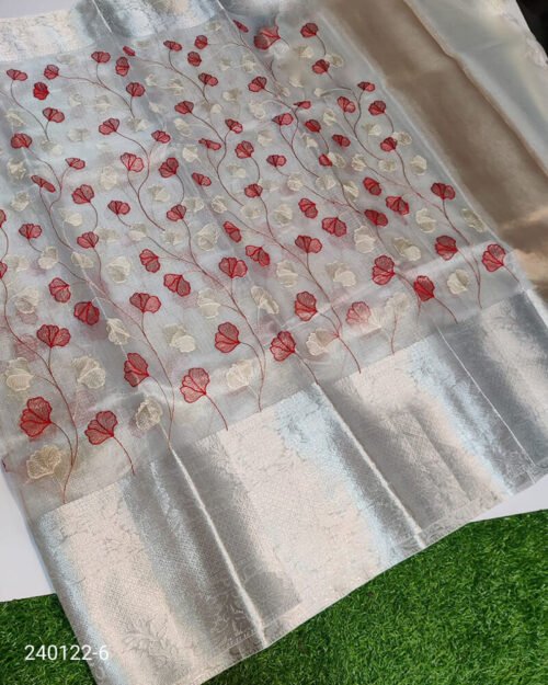 Tissue Silk Saree with Resham Jaal Work Silver Brown