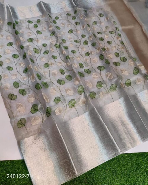 Tissue Silk Saree with Resham Jaal Work Silver Green