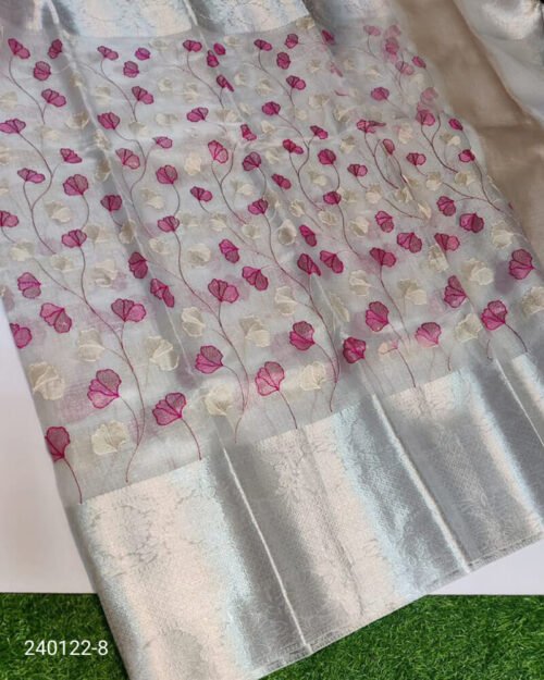 Tissue Silk Saree with Resham Jaal Work Silver Pink