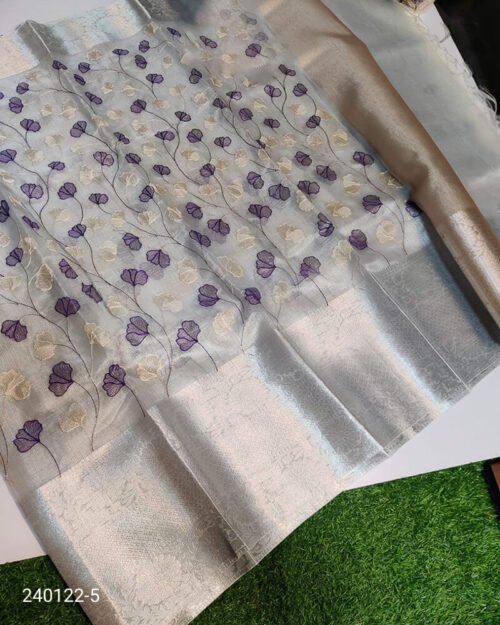 Tissue Silk Saree with Resham Jaal Work Silver Purple