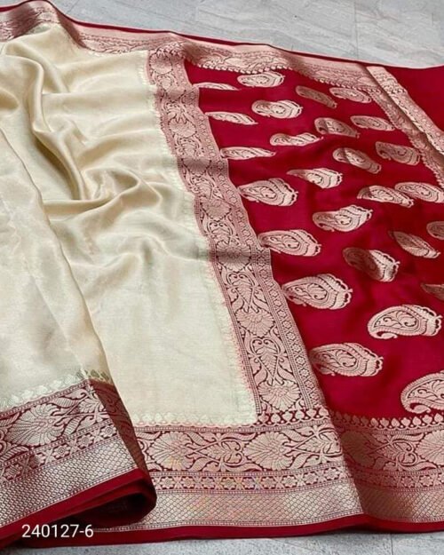 Warm Silk Zari Designer Border Banarasi Saree Cream Maroon