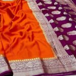 Warm Silk Zari Designer Border Banarasi Saree Orange Purple