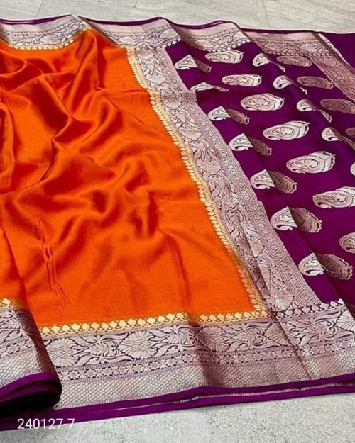 Warm Silk Zari Designer Border Banarasi Saree Orange Purple