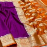 Warm Silk Zari Designer Border Banarasi Saree purple orange