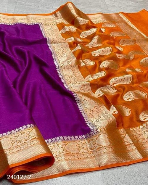 Warm Silk Zari Designer Border Banarasi Saree purple orange