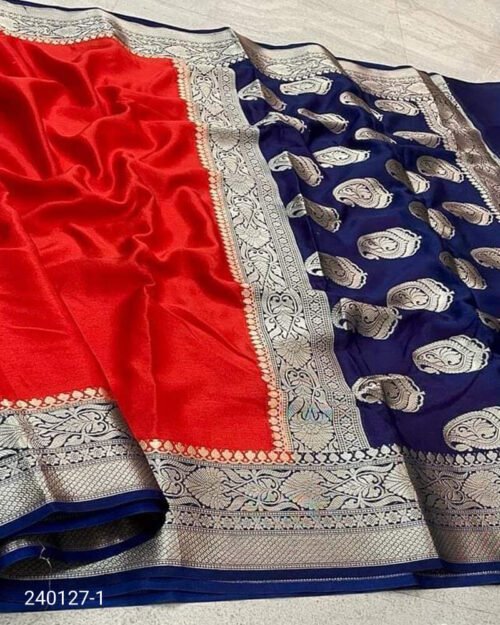 Warm Silk Zari Designer Border Banarasi Saree Red Blue