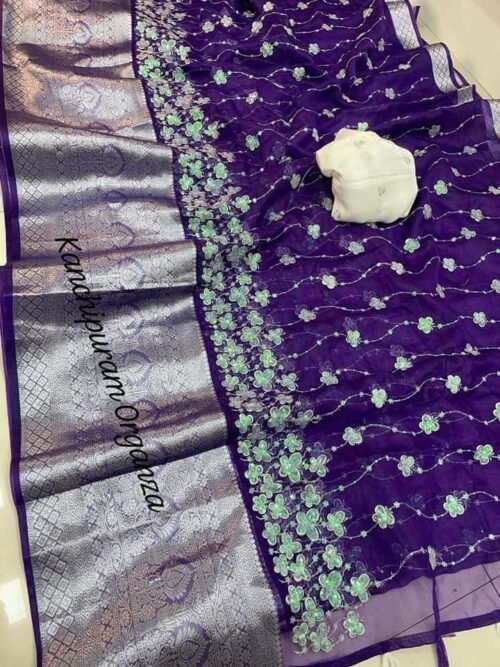 Kanchipuram Organza Butterfly Saree Purple2