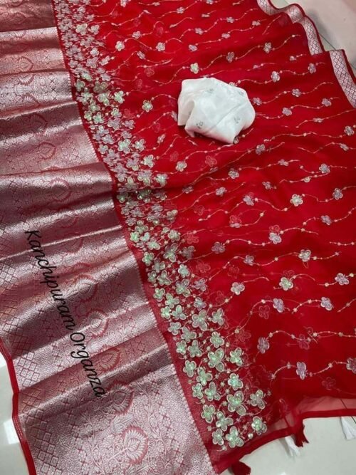 Kanchipuram Organza Butterfly Saree Red