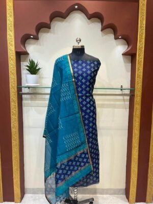 Maheshwari Half Cotton Half Silk Hand-block Print Top & Dupatta Sets