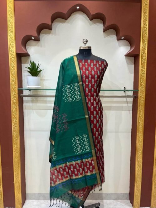 Maheshwari Half Cotton Half Silk Handblock Print Top Dupptta Sets Green2