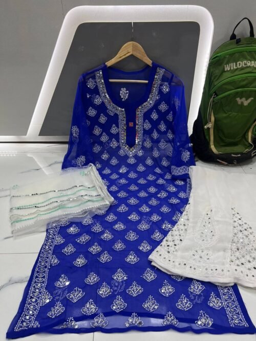 Mirror Work Kurta Sharara Set Blue